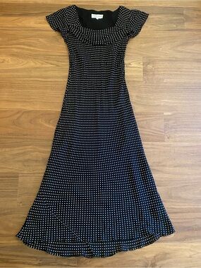 Donna Ricco New York Black White Polka Dot Silk Midi Dress Flutter Sleeve